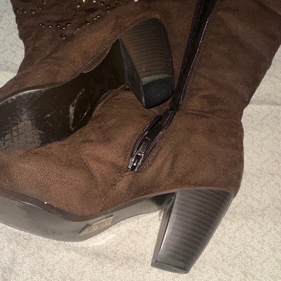 Brown Faux Suede Knee-High Boots - Picture 6 of 9